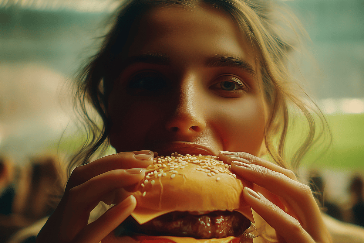 A fan enjoying food delivered to her seat
