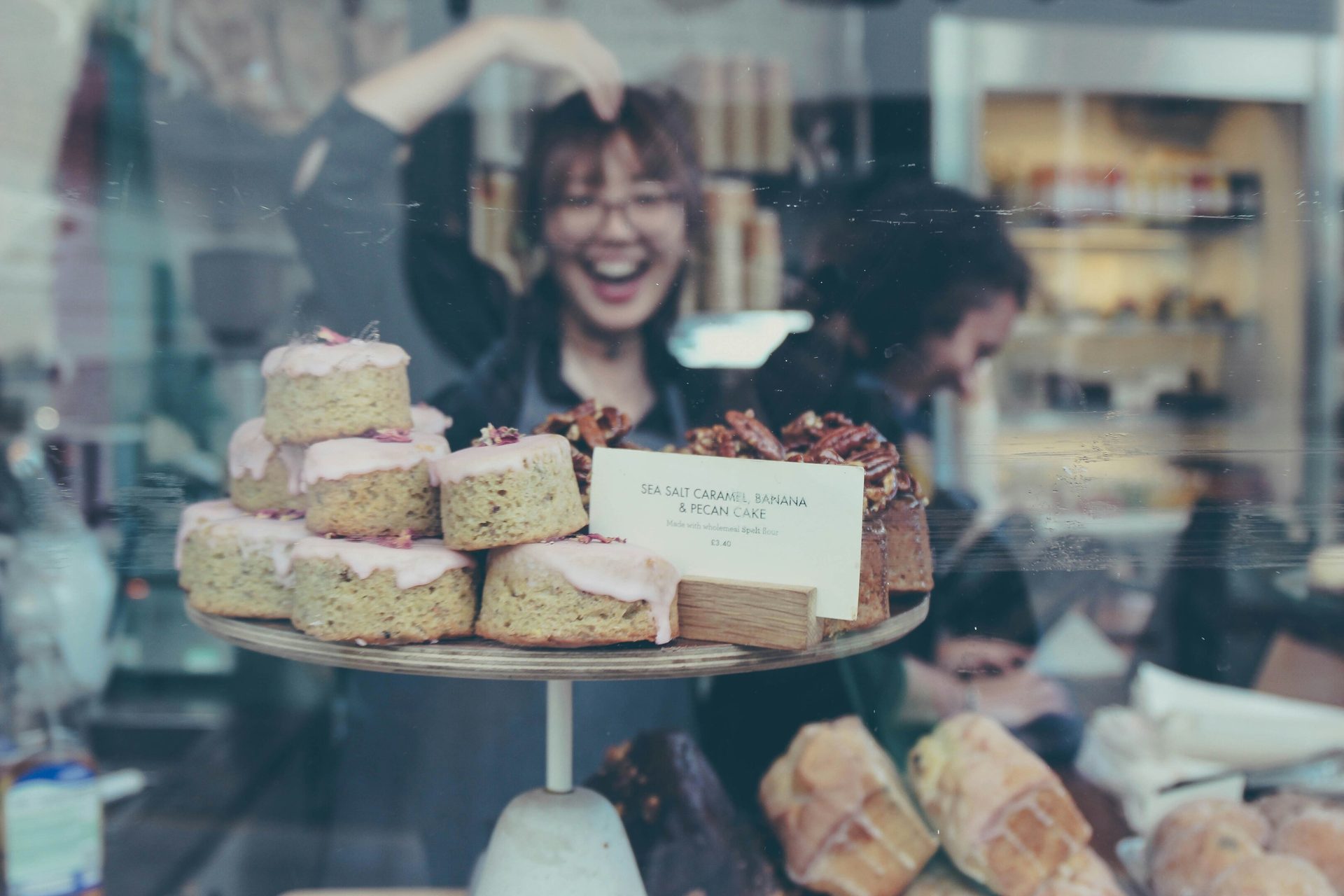 A cake stand in a café display
