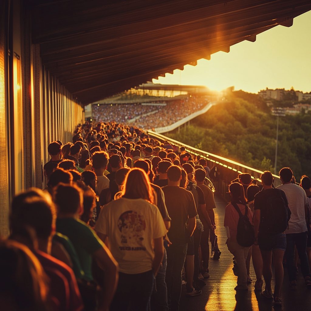 A long queue of fans waiting at a stadium concourse at sunset