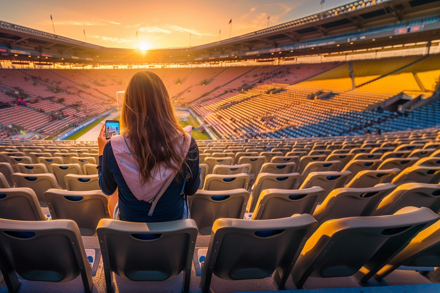 A fan ordering on her phone from a stadium seat